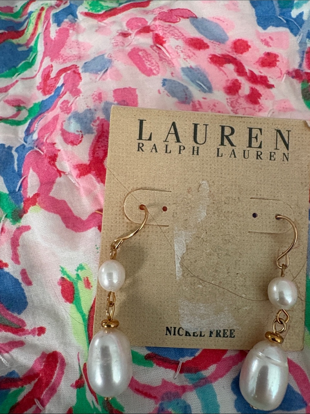 Lauren Ralph Lauren Gold-Tone Drop Earrings with White Pearls
